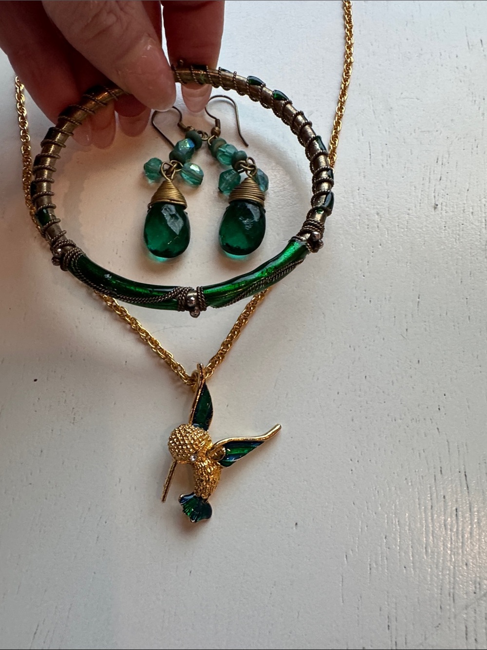 Bundle of 4. Green Enamel set, Featuring a vintage Humming bird on the necklace.